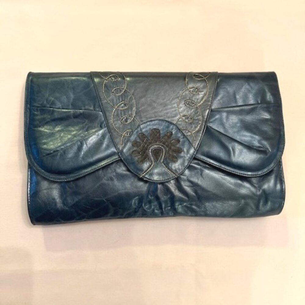 VINTAGE | Blue Soft Leather Envelope Style Clutch Crossbody Bag-EUC